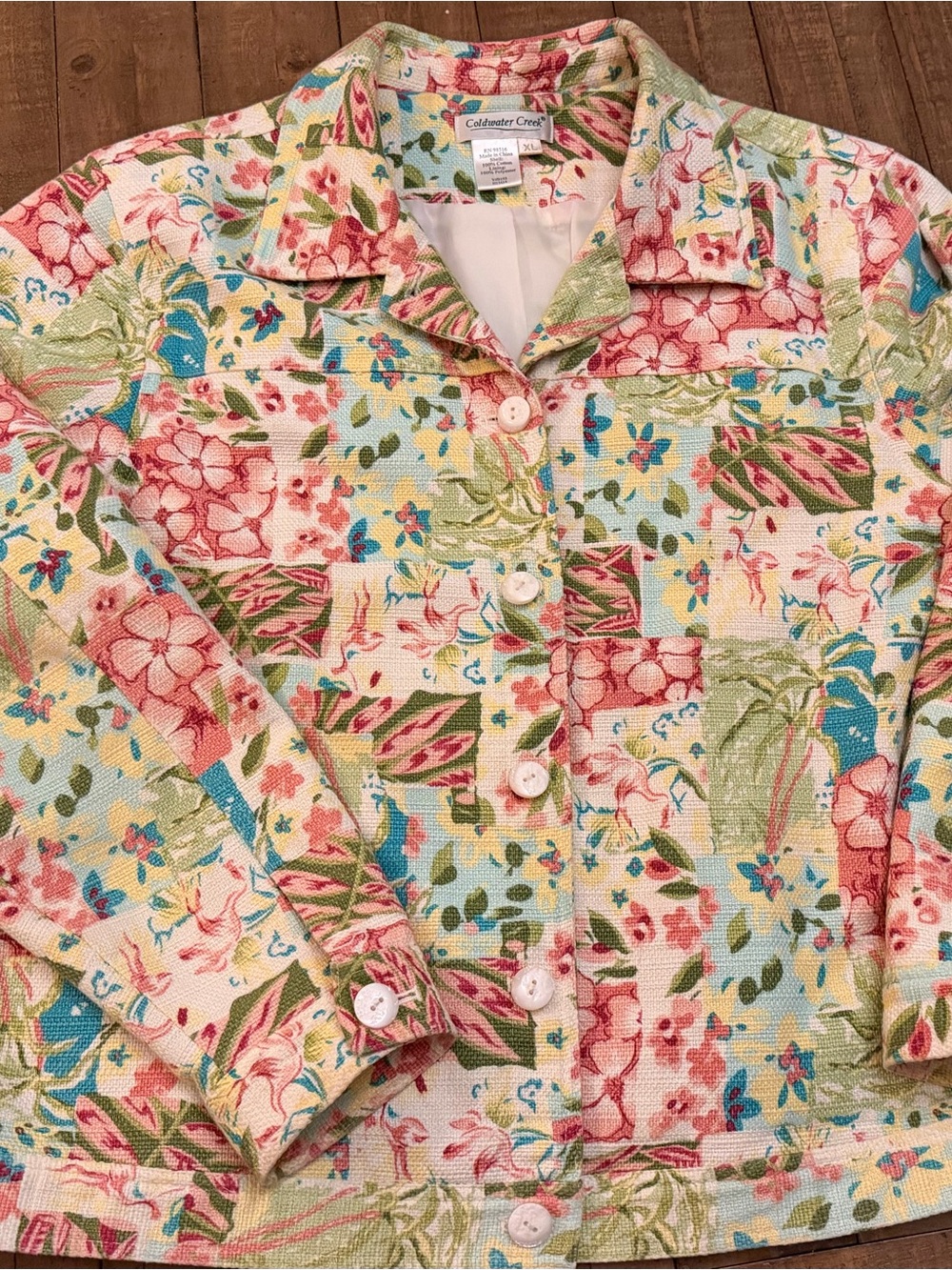Coldwater Creek Floral Patchwork Cotton Blend Jacket - Pink Green Blue